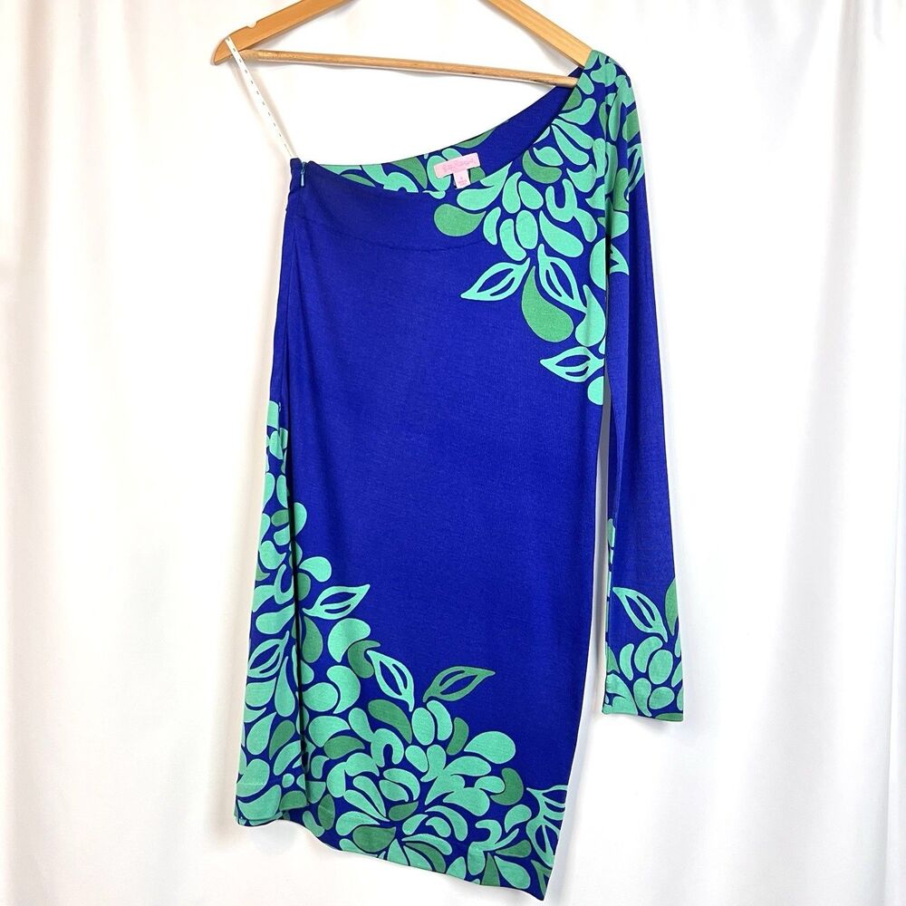 Lilly Pulitzer One Shoulder Dress Small Blue Green Floral Long Sleeve Sheath S